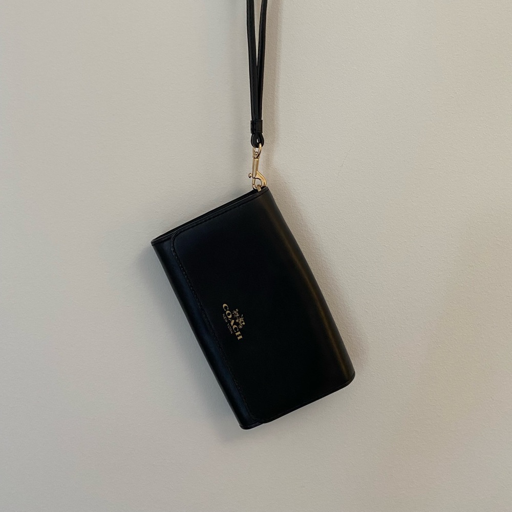 Coach black leather fold over wristlet